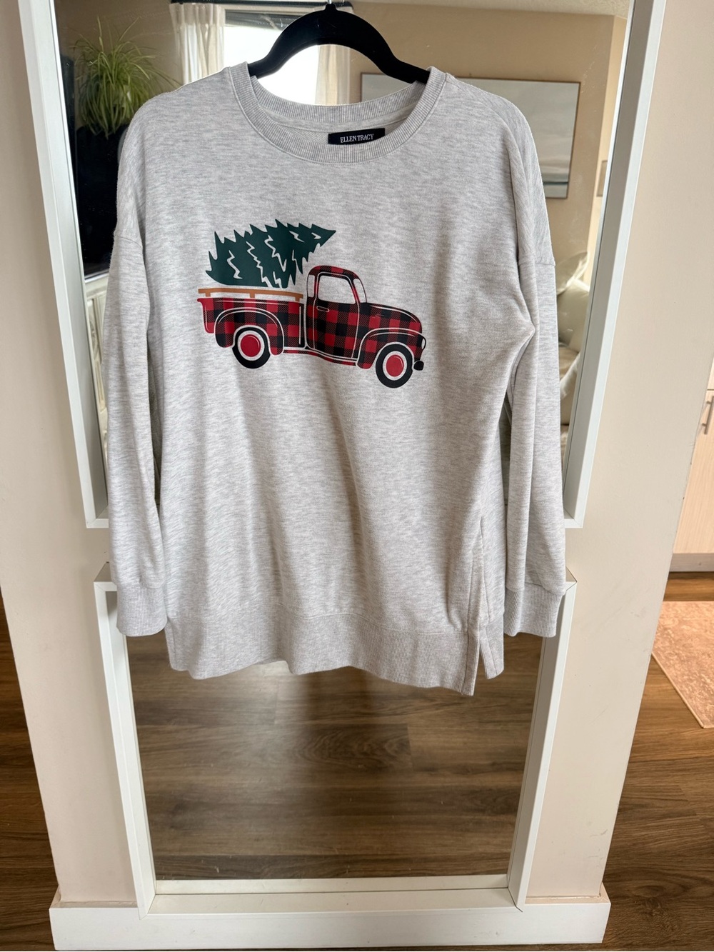 Ellen Tracy Gray Sweatshirt with Red Plaid Truck and Green Tree
